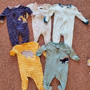 Baby Sleeper 5 Piece Lot 0-3 Month Sleepers Dinosaur Animal Stripe Boy Footed Pj